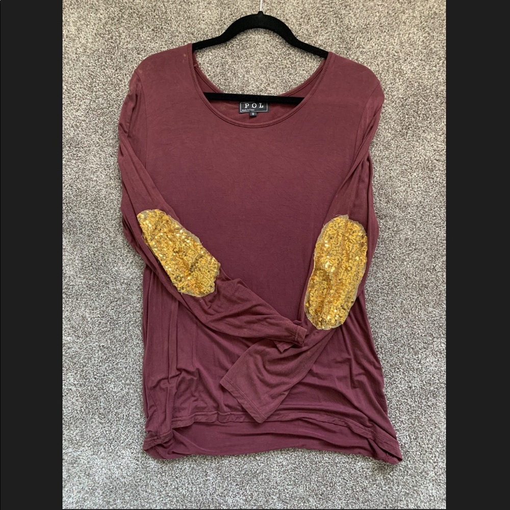 Maroon Top w/ Gold Sequin Elbow Patches